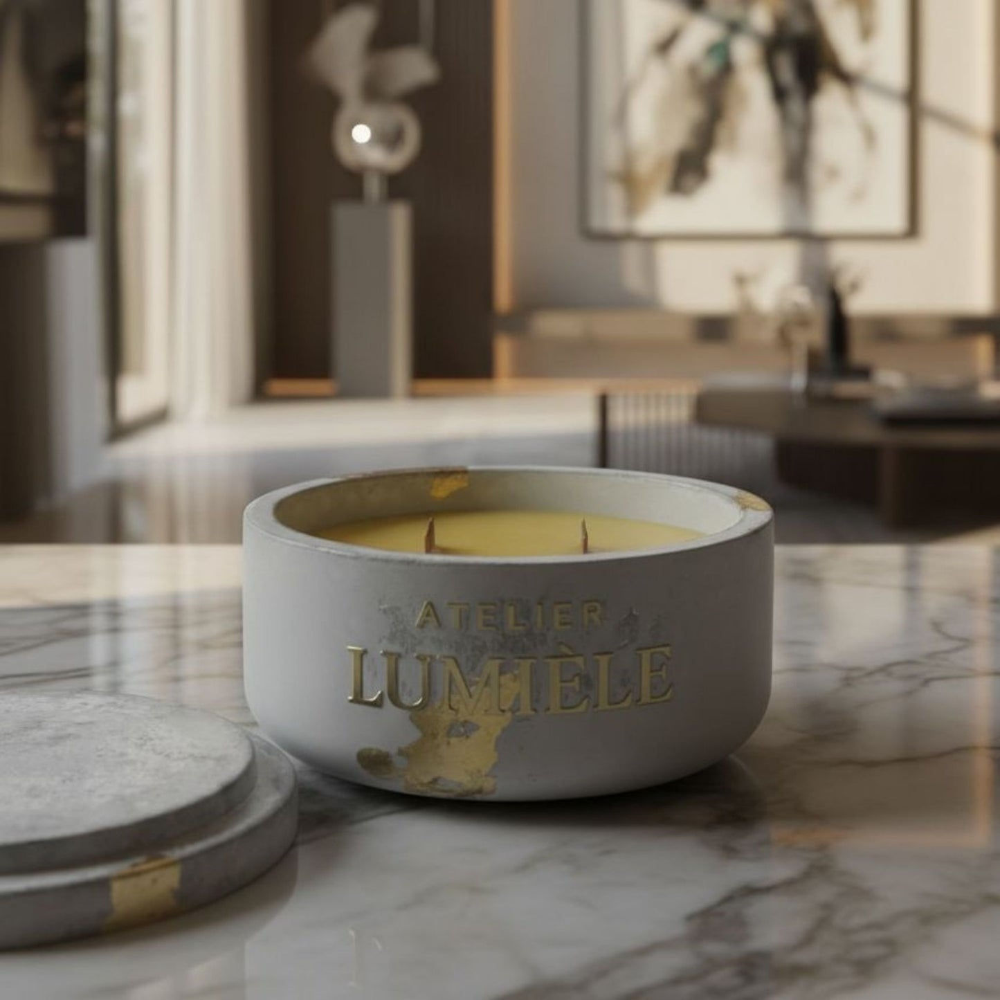 Interior décor arrangement featuring beeswax candle in cement jar from Atelier Lumiele