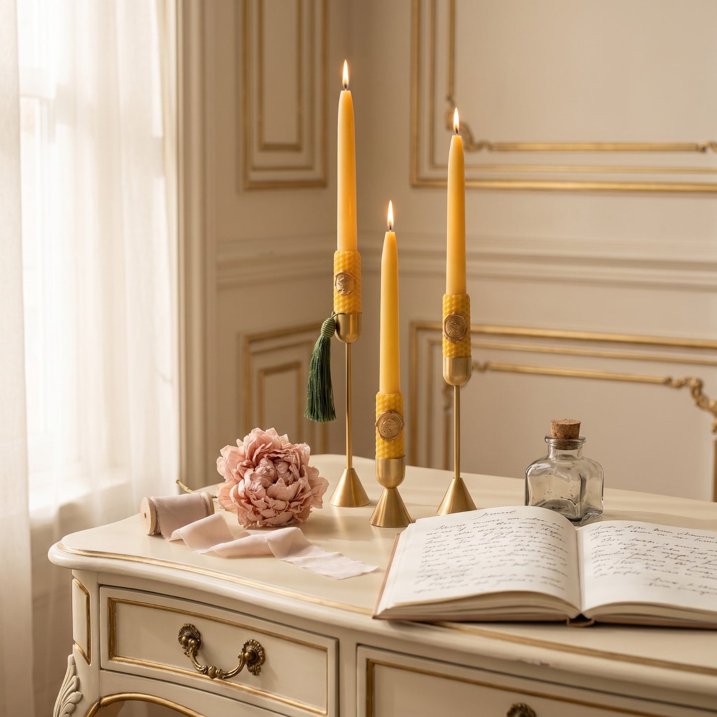 Golden Beewax Pillar Candles with Candle Holders, Set of 3