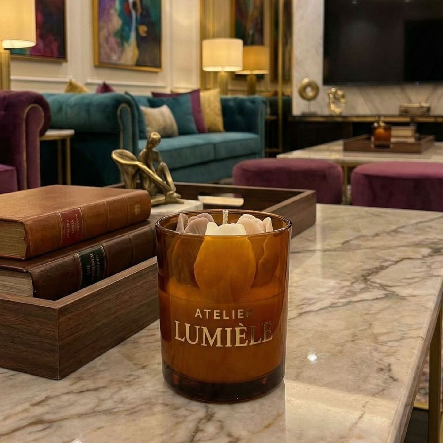 Tulip candle in amber glass styled within home interior setting from Atelier Lumiele