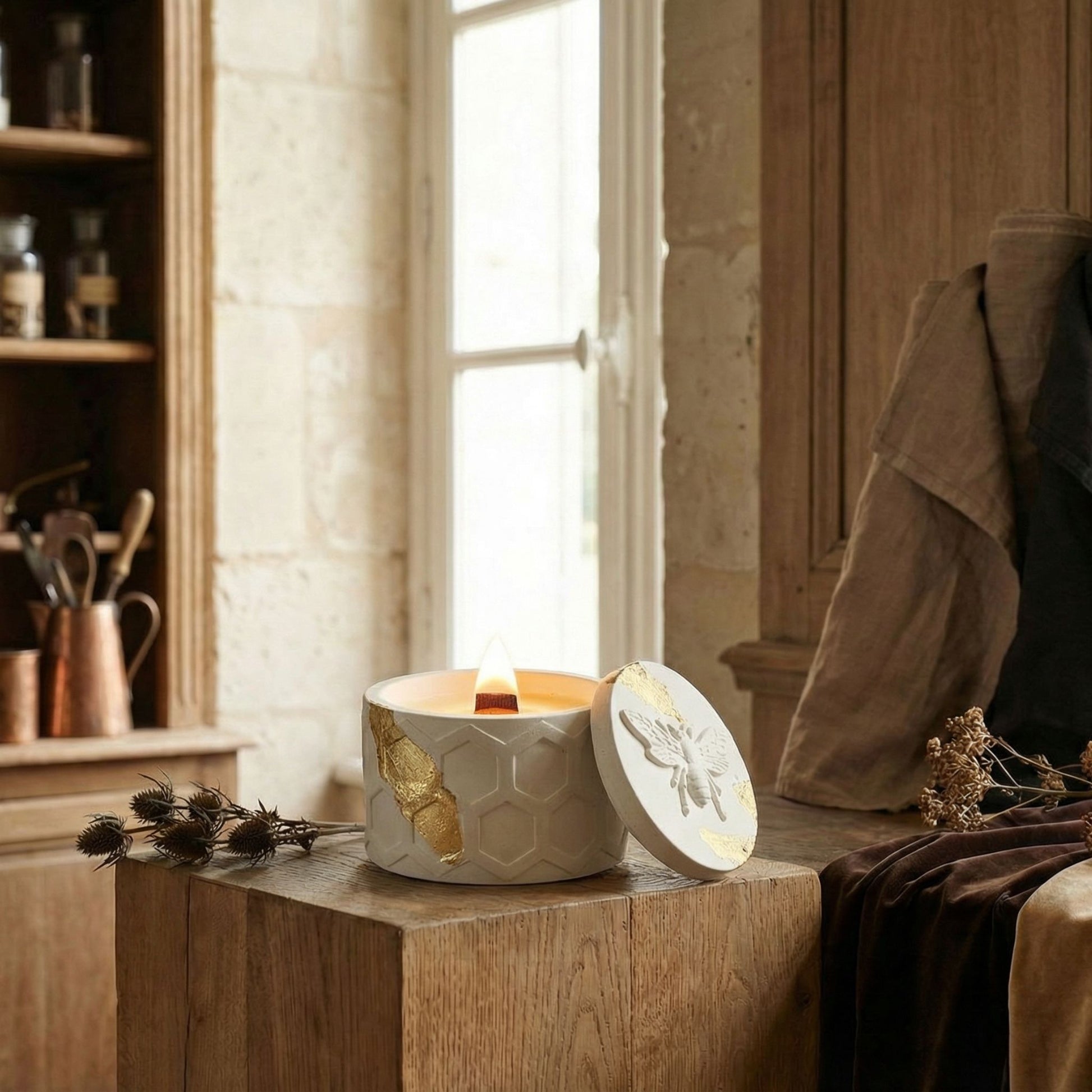Natural beeswax candle in gypsum jar from Atelier Lumiele