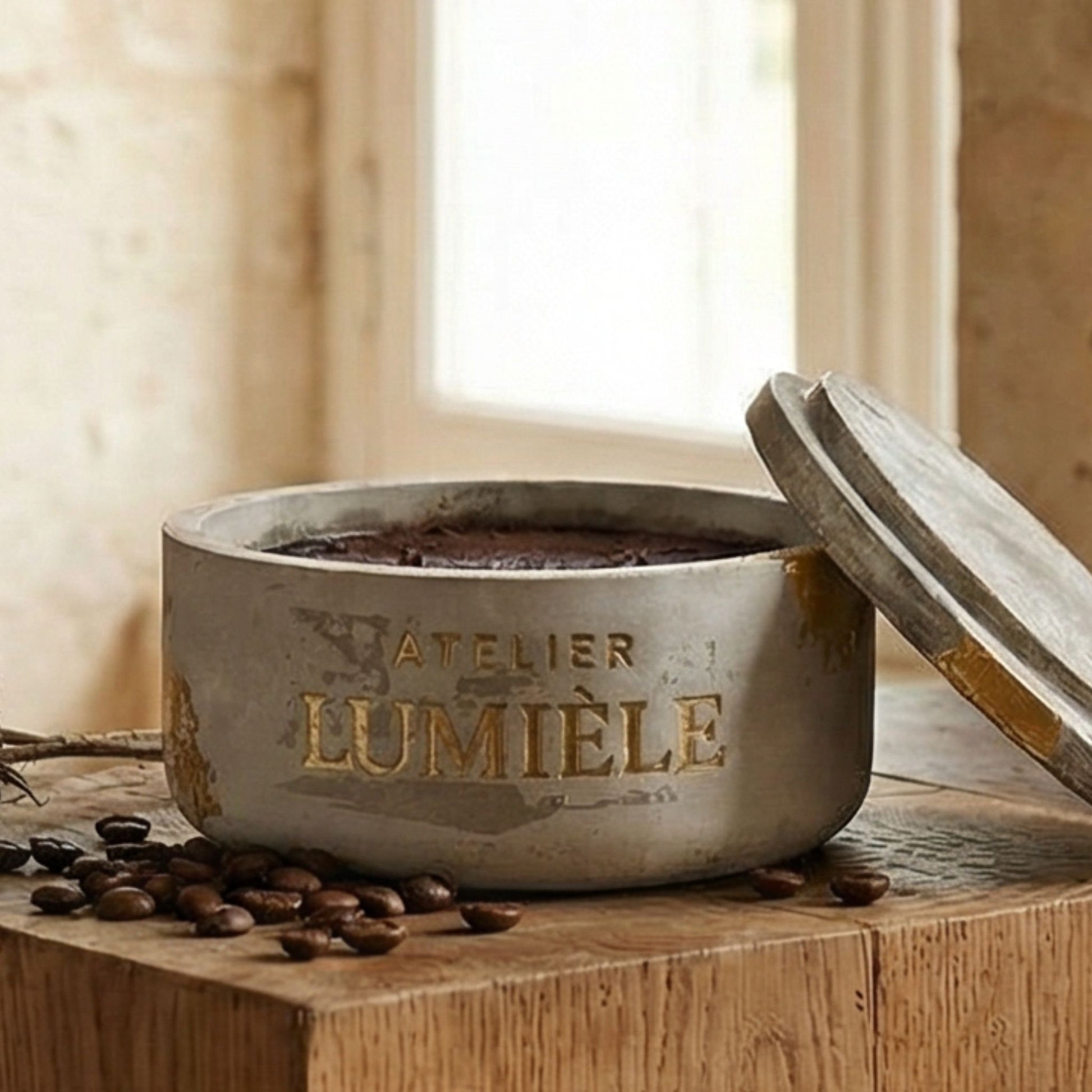 Close-up detail of coffee repellent candle wax inside cement jar from Atelier Lumiele