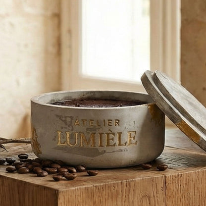 Close-up detail of coffee repellent candle wax inside cement jar from Atelier Lumiele