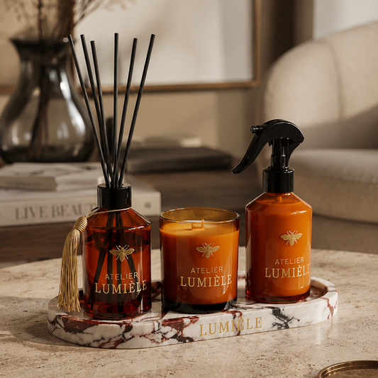 Amber Glass Gift Set with Calacatta Marble Tray