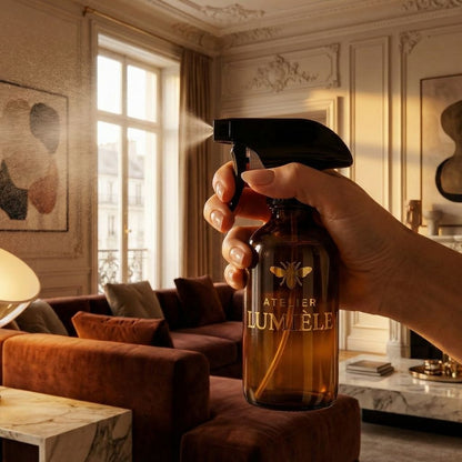 Hand spraying interior perfume with fragrance mist in the air from Atelier Lumiele