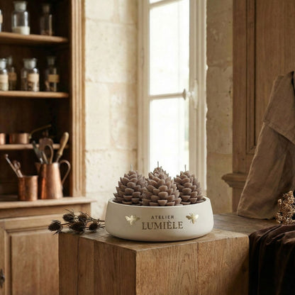 Hand-poured large pine candle in gypsum container from Atelier Lumiele