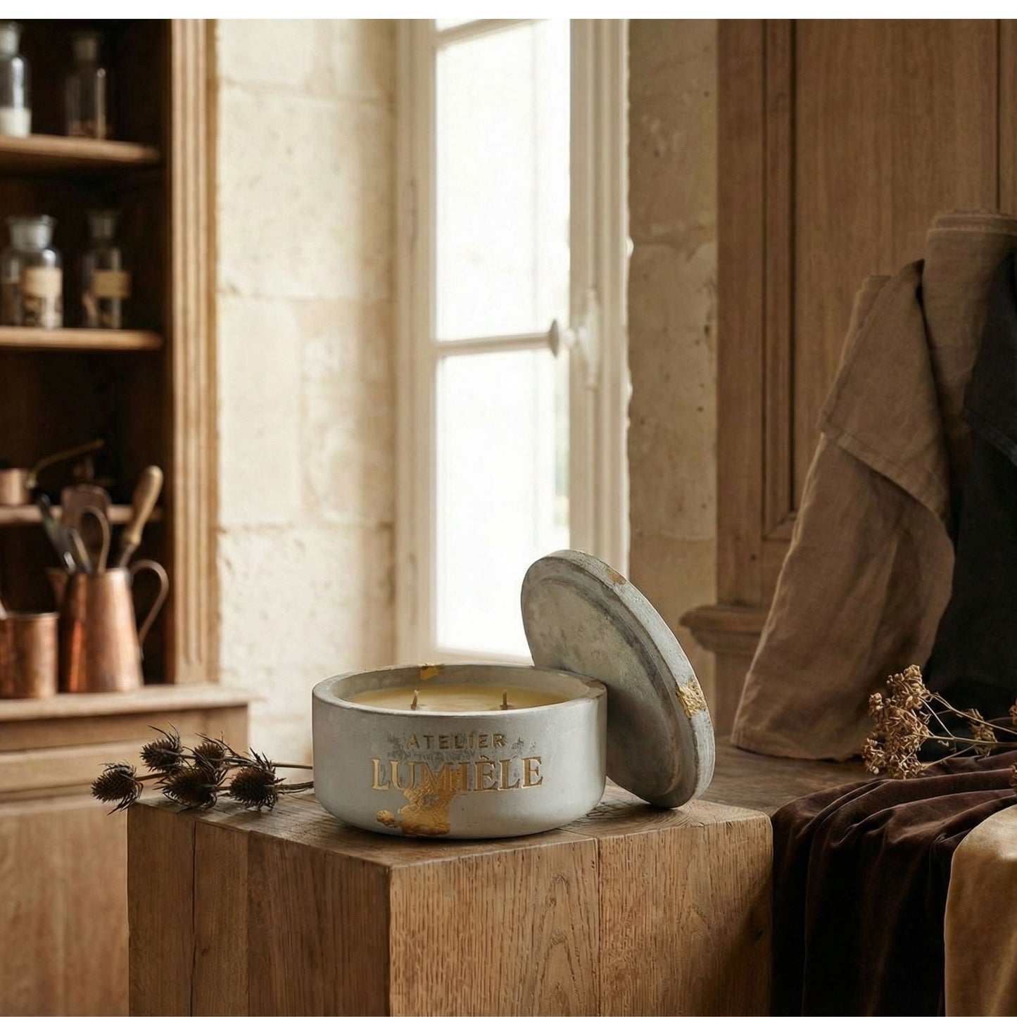 Repellent blend candle in matte cement jar from Atelier Lumiele