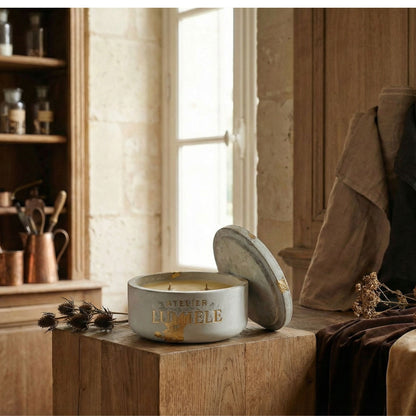 Repellent blend candle in matte cement jar from Atelier Lumiele