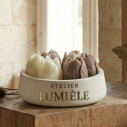 Close-up detail of tulips candle wax inside gypsum jar from Atelier Lumiele