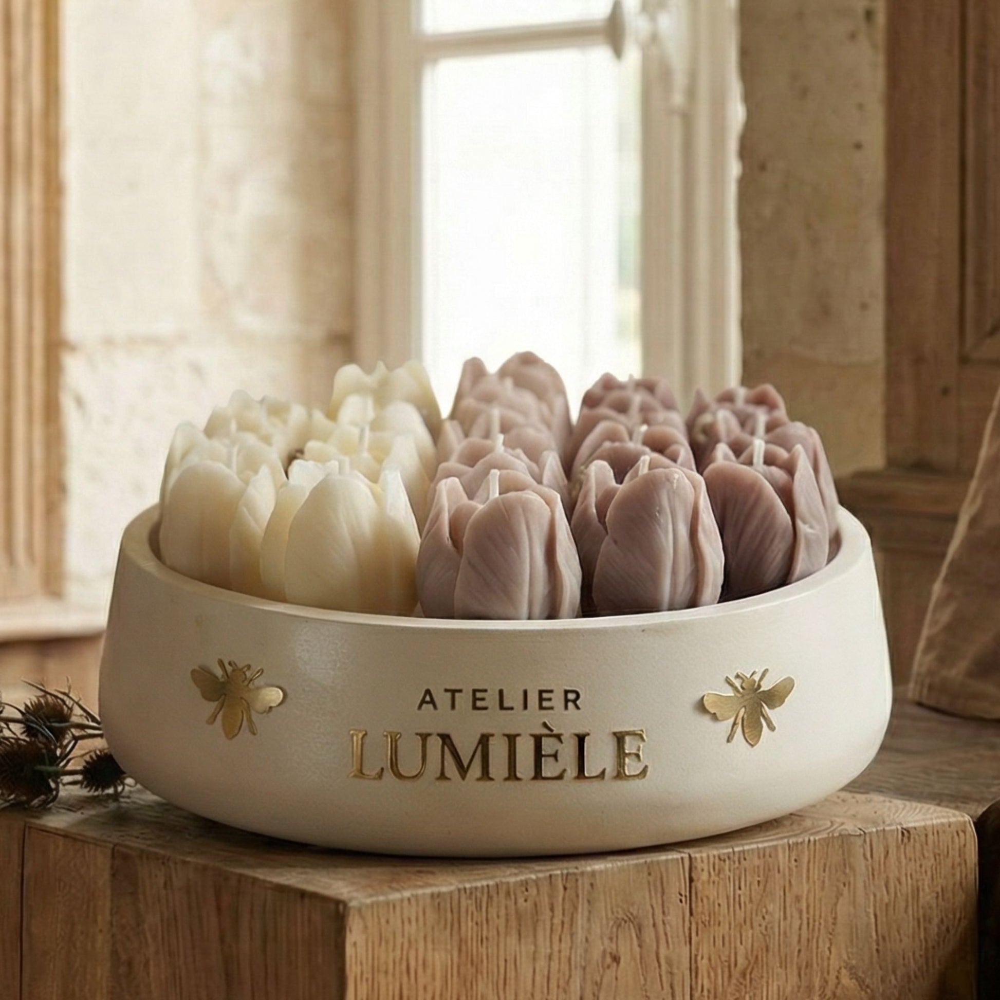 Close-up detail of tulips large gypsum jar candle wax surface from Atelier Lumiele