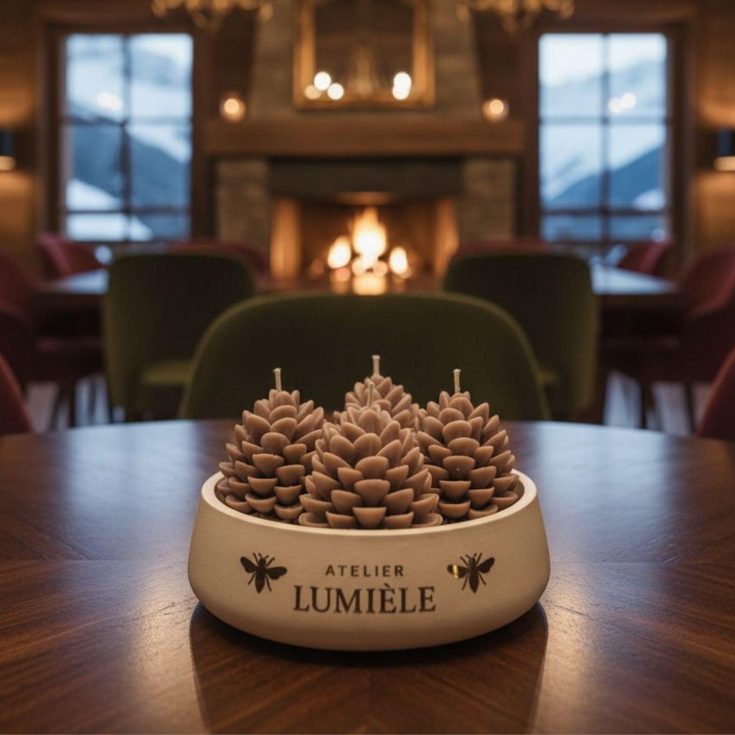 Pine large gypsum candle placed in cozy room with burning fireplace from Atelier Lumiele