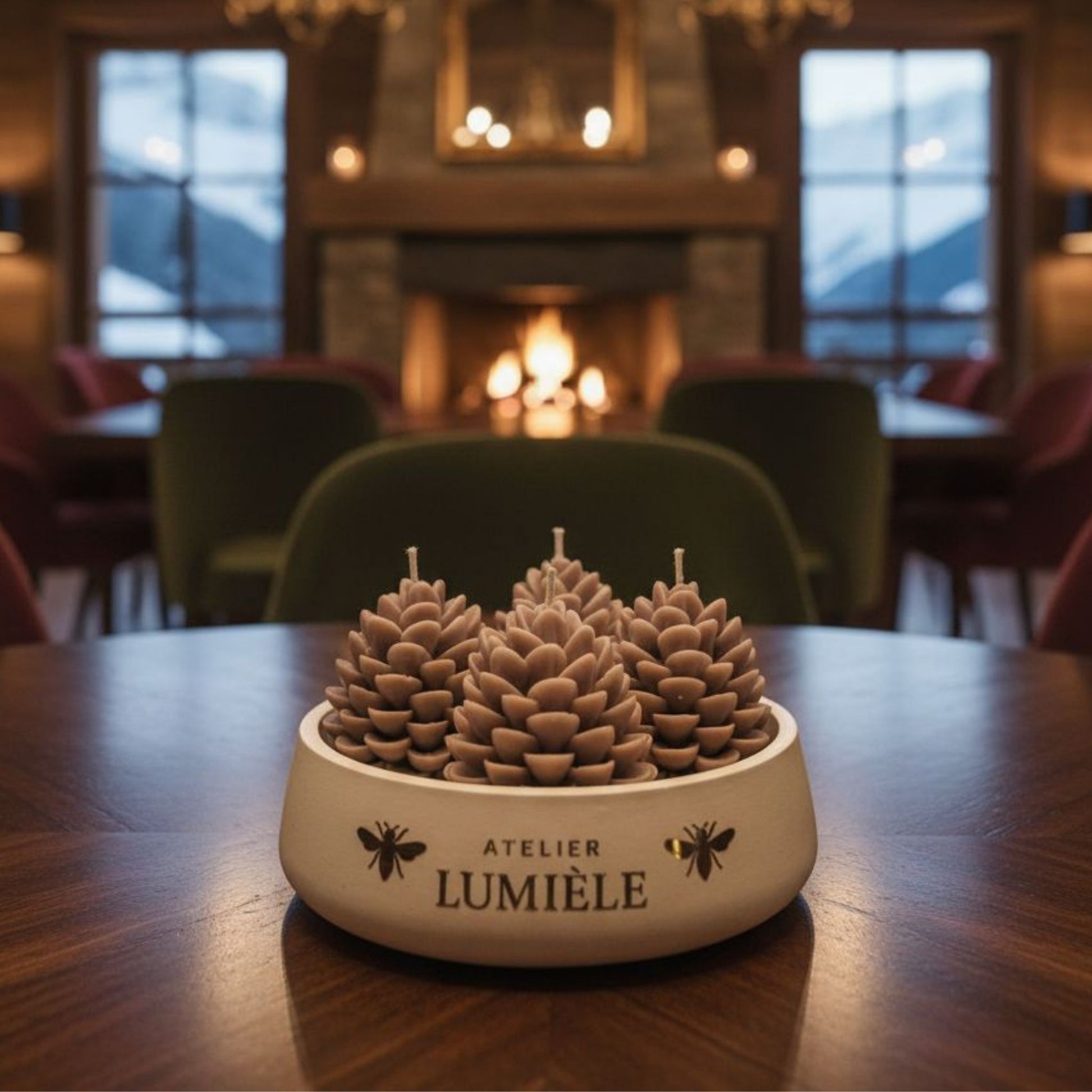 Pine large gypsum candle placed in cozy room with burning fireplace from Atelier Lumiele
