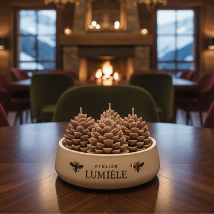 Pine large gypsum candle placed in cozy room with burning fireplace from Atelier Lumiele