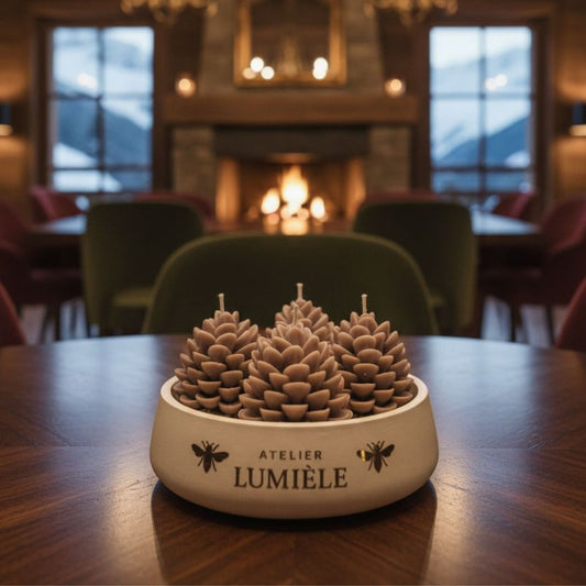 Pine large gypsum candle placed in cozy room with burning fireplace from Atelier Lumiele