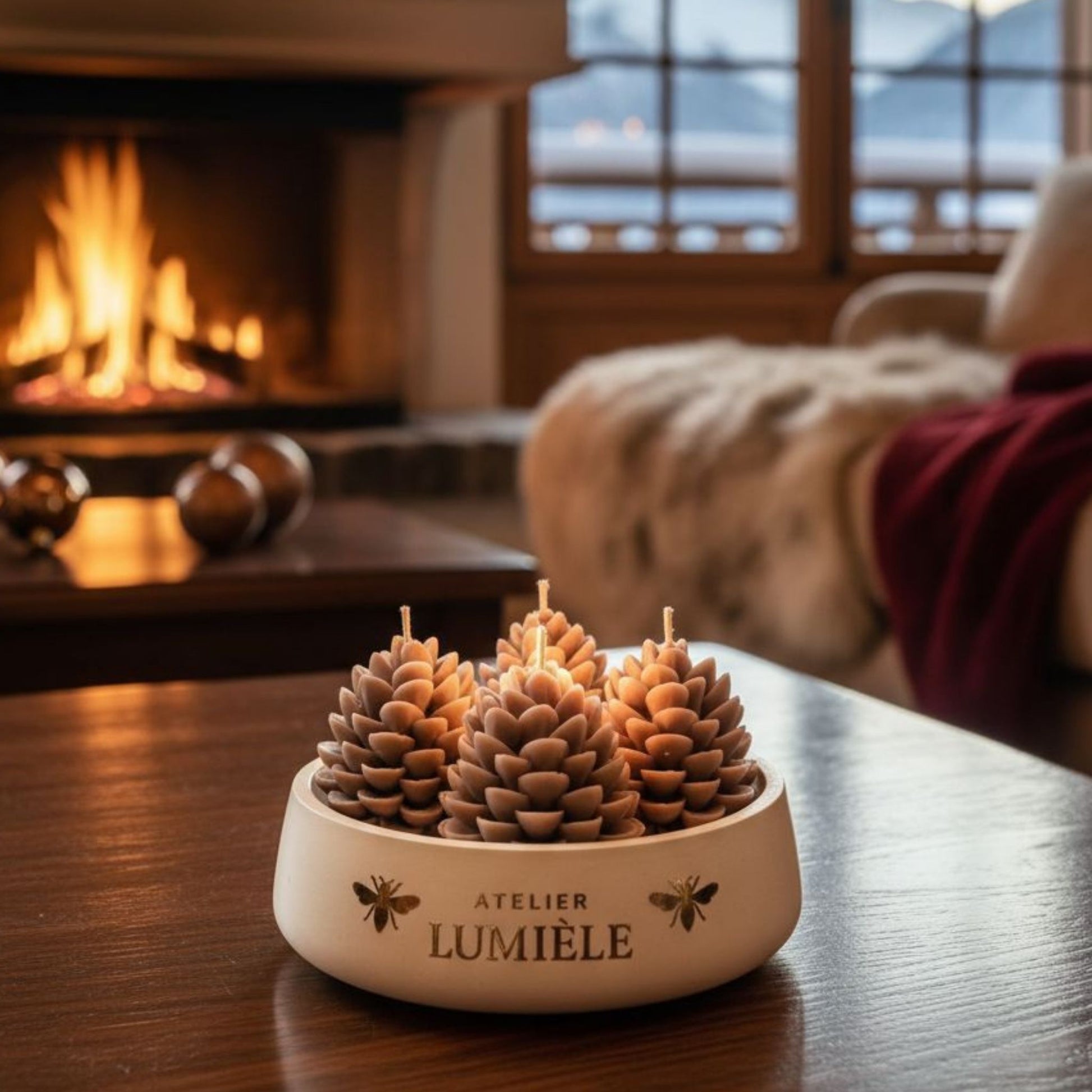 Pine large gypsum candle placed in cozy room with burning fireplace from Atelier Lumiele