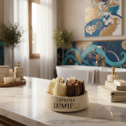 Tulips candle placed on decorative surface in interior ambiance from Atelier Lumiele