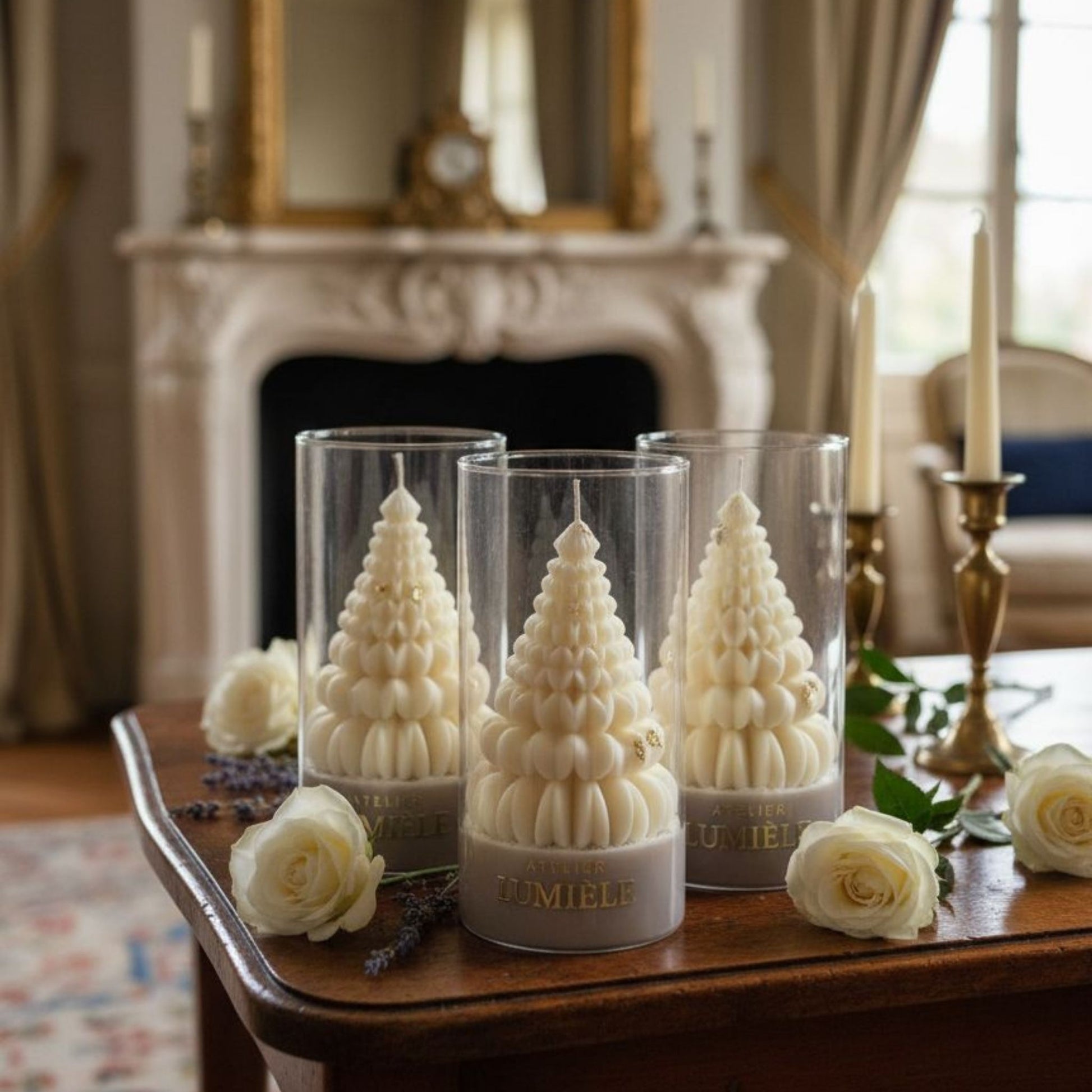 Christmas tree glass vase styled in holiday home décor from Atelier Lumiele