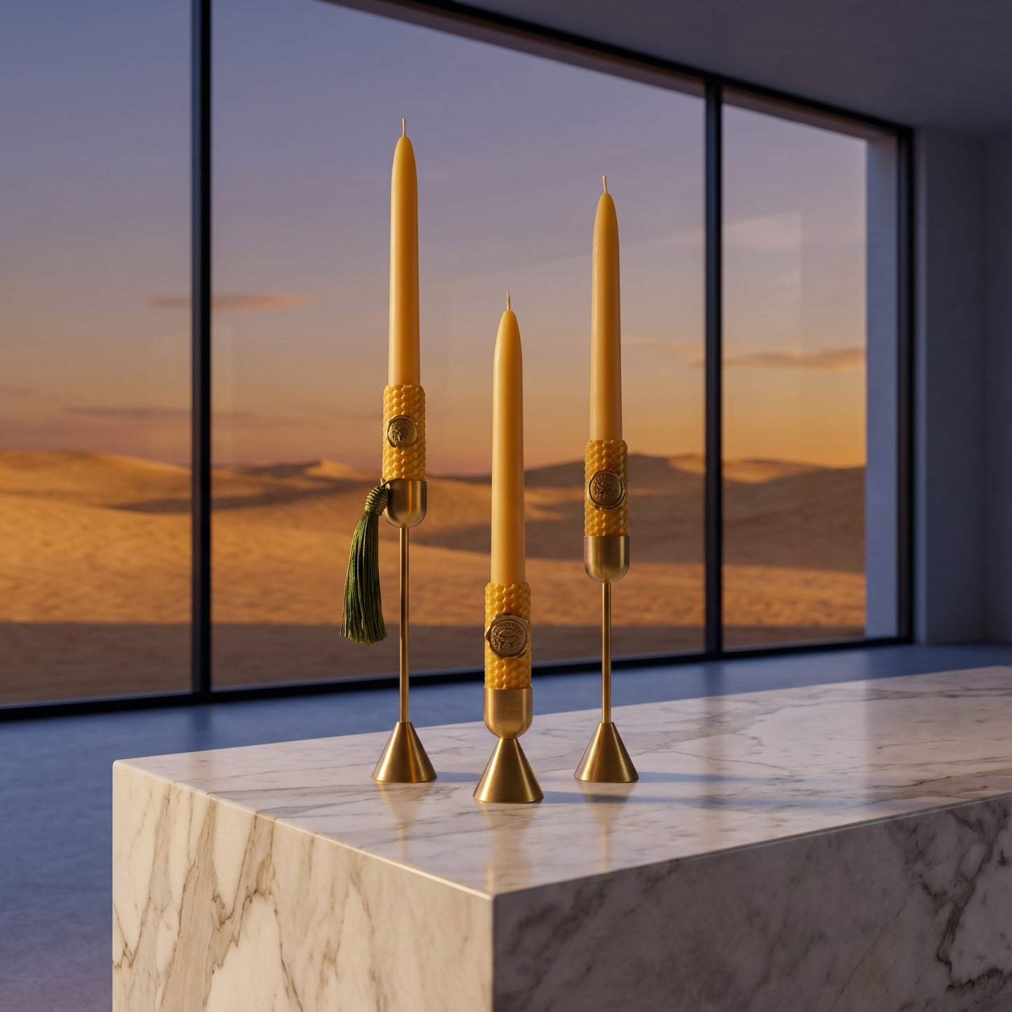 Golden Beewax Pillar Candles with Candle Holders, Set of 3