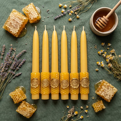 Golden Beewax Pillar Candles with Candle Holders, Set of 3