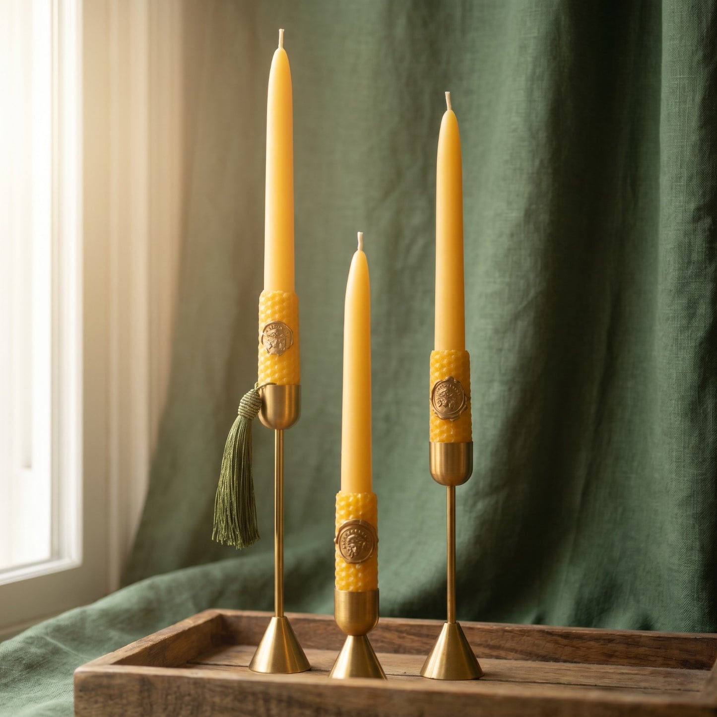 Golden Beewax Pillar Candles with Candle Holders, Set of 3