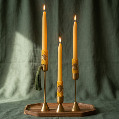 Golden Beewax Pillar Candles with Candle Holders, Set of 3