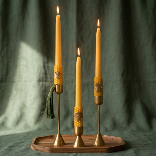 Golden Beewax Pillar Candles with Candle Holders, Set of 3