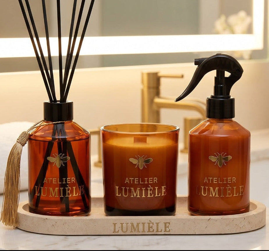 Amber Glass Gift Set with Traventine Stone Tray