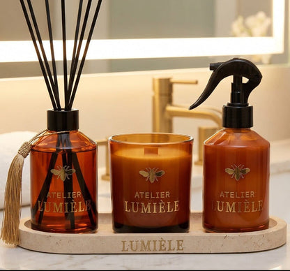 Amber Glass Gift Set with Traventine Stone Tray