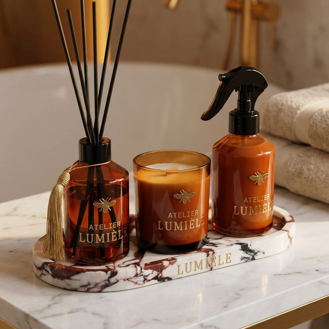 Amber Glass Gift Set with Calacatta Marble Tray