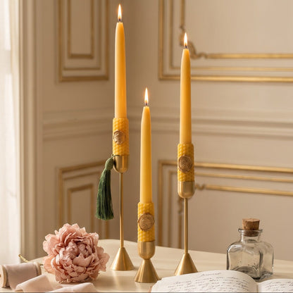 Golden Beewax Pillar Candles with Candle Holders, Set of 3