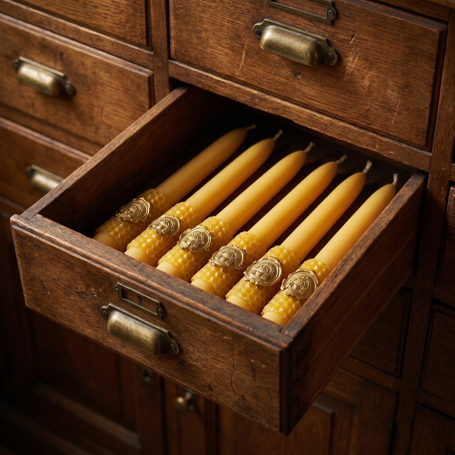 Golden Beewax Pillar Candles, Set of 6