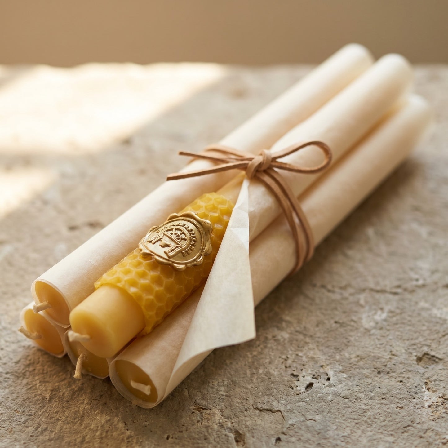 Golden Beewax Pillar Candles with Candle Holders, Set of 3