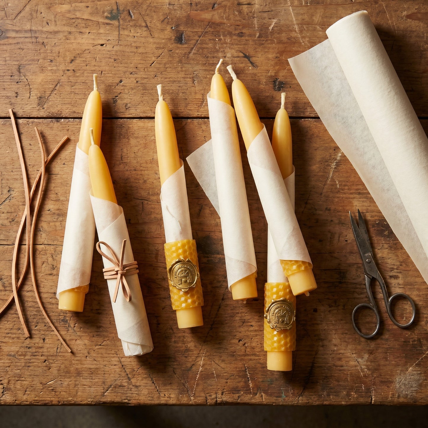 Golden Beewax Pillar Candles, Set of 6