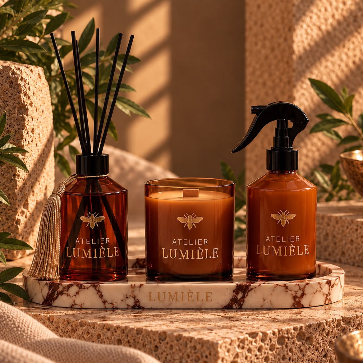 Amber Glass Gift Set with Calacatta Marble Tray