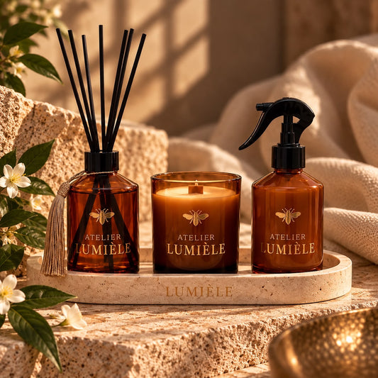 Amber Glass Gift Set with Traventine Stone Tray