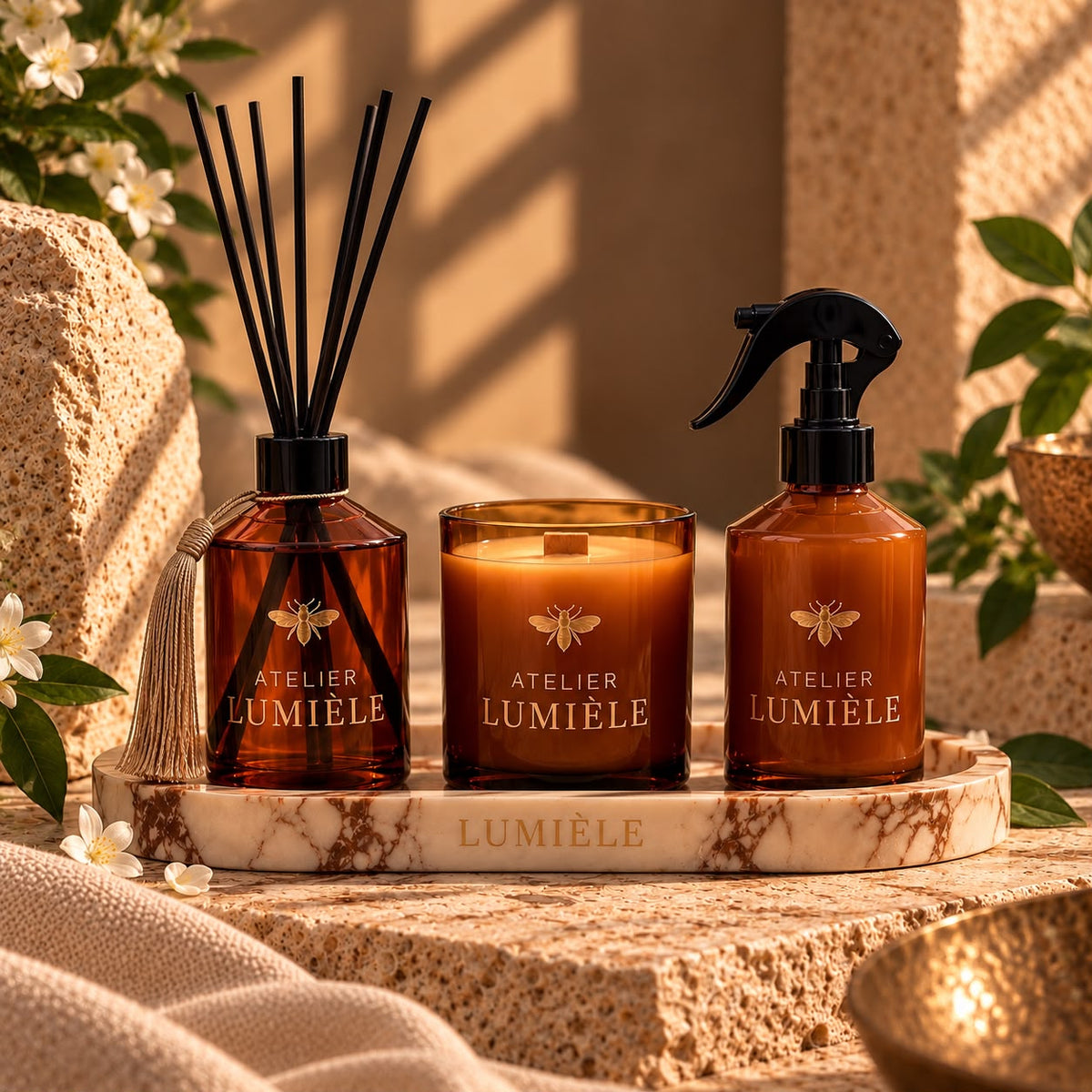 Amber Glass Gift Set with Calacatta Marble Tray