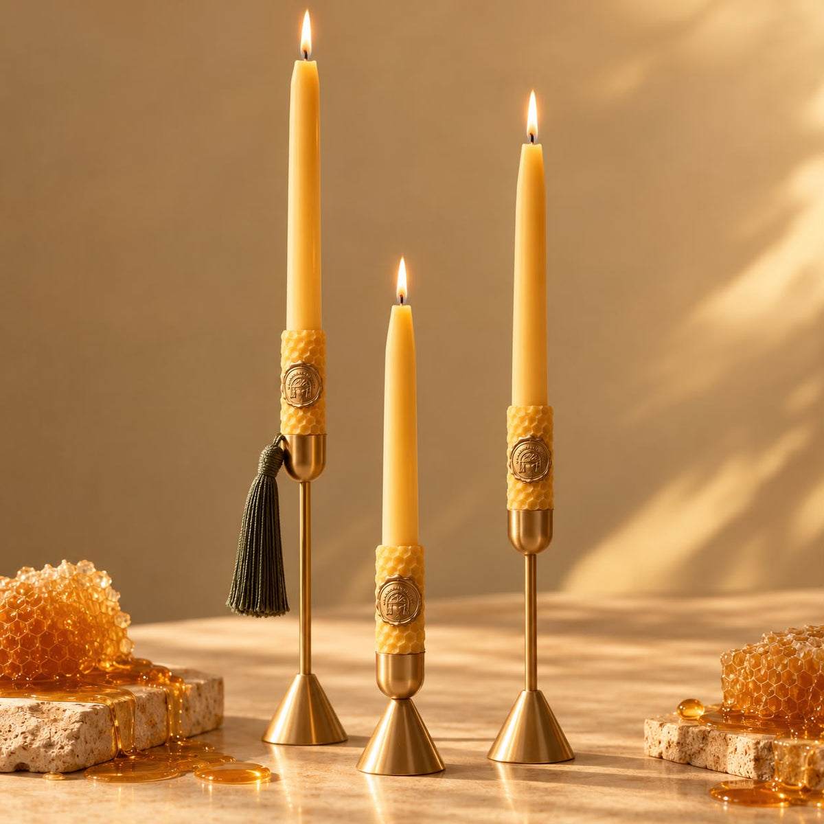 Golden Beewax Pillar Candles with Candle Holders, Set of 3