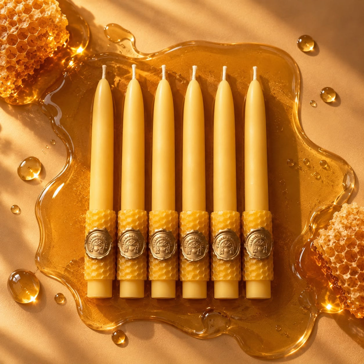 Golden Beewax Pillar Candles 23cm, Set of 6