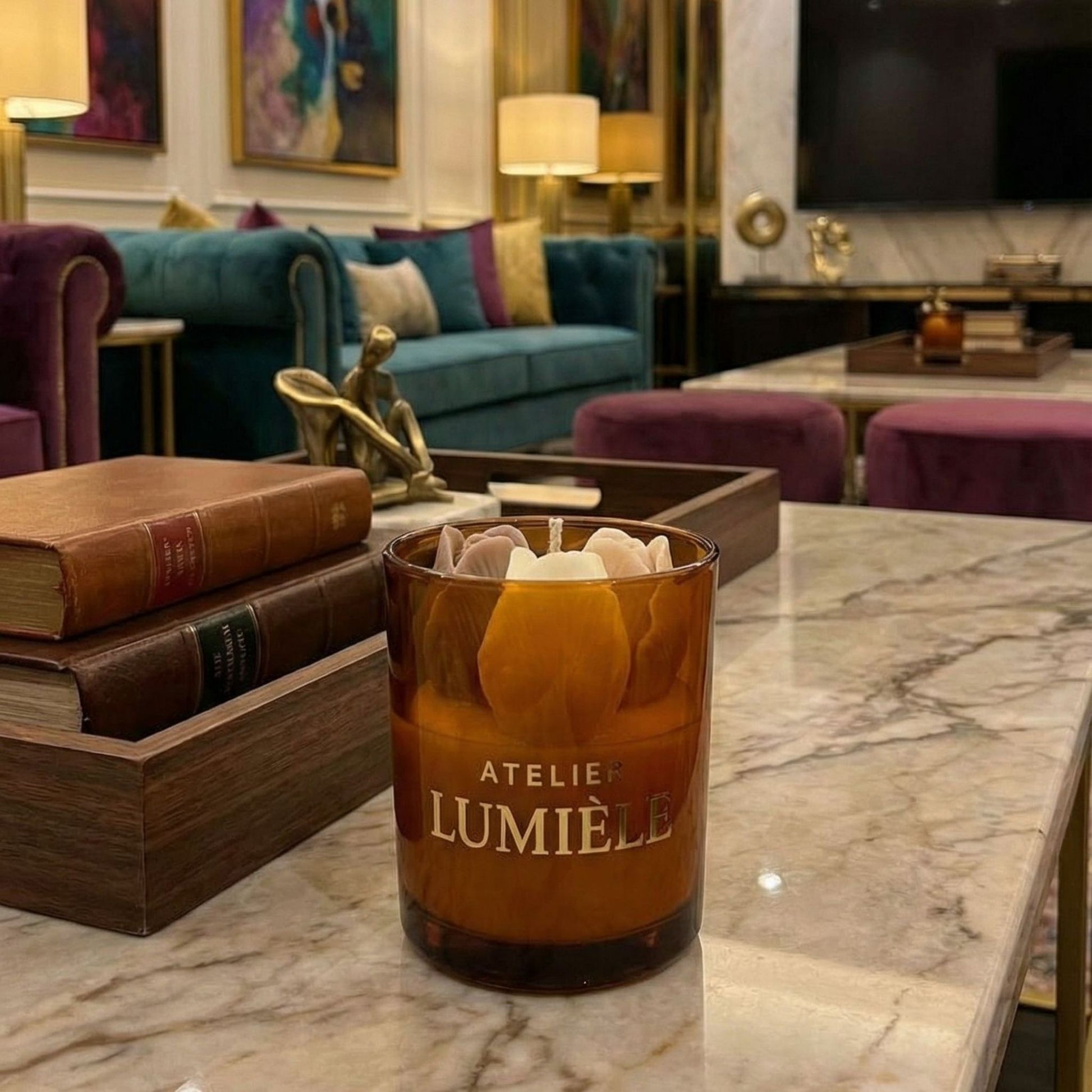 Tulip candle in amber glass styled within home interior setting from Atelier Lumiele
